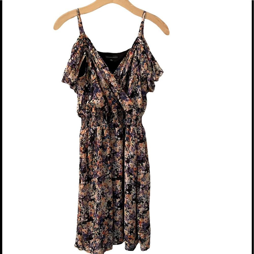 Printed Ruched Waist Cold Shoulder Dress